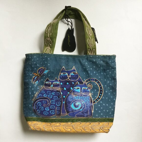 Laurel Burch Cat Blue Green & Yellow Small Mini Handbag Tote Bag & Charm - Picture 2 of 8